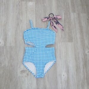 CAT & JACK GIRLS SWIMSUIT S-6/7 BLUE GINGHAM w/GIFT HAIR BOW